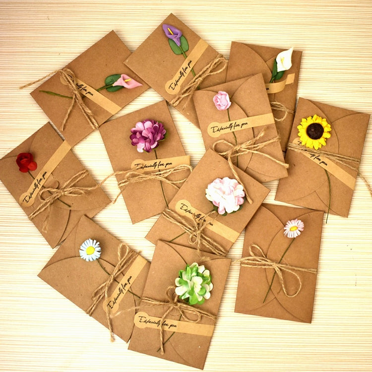 10 PCS Festival Creative DIY Retro Kraft Paper Handmade Small Dry Flower Greeting Card Birthday Card