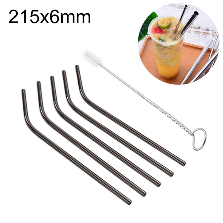 5pcs Reusable Stainless Steel Bent Drinking Straw + Cleaner Brush Set Kit,  215*6mm