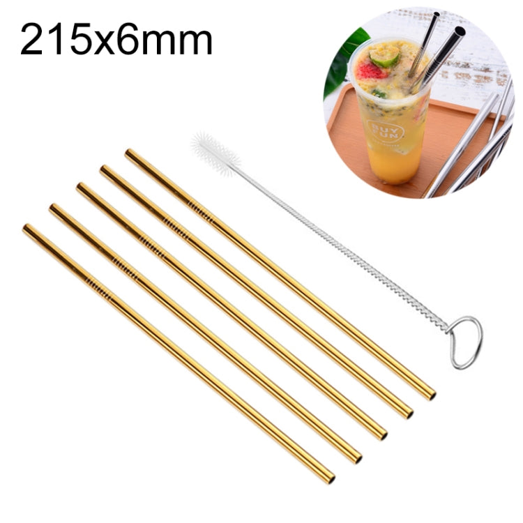 5pcs Reusable Stainless Steel Straight Drinking Straw + Cleaner Brush Set Kit,  215*6mm