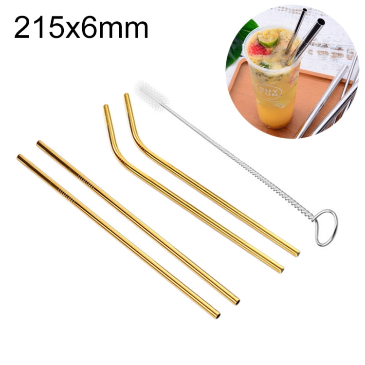 4pcs Reusable Stainless Steel Drinking Straw + Cleaner Brush Set Kit,  215*6mm