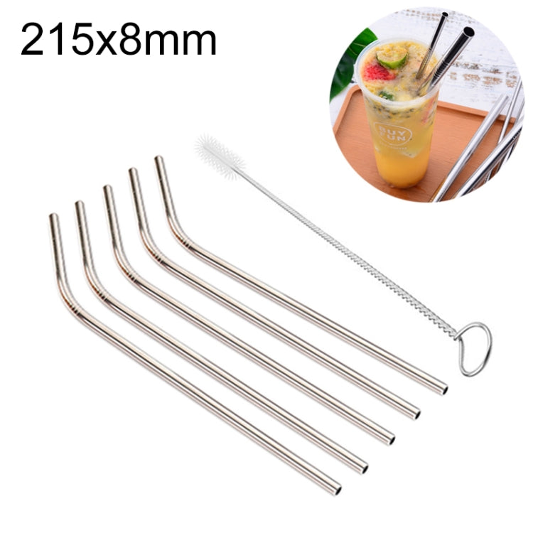 5pcs Reusable Stainless Steel Bent Drinking Straw + Cleaner Brush Set Kit,  215*8mm