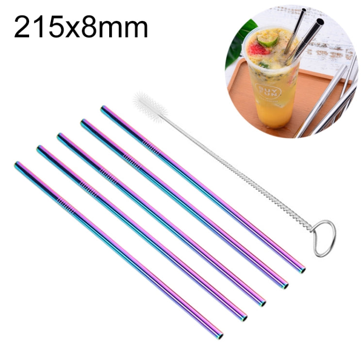 5pcs Reusable Stainless Steel Straight Drinking Straw + Cleaner Brush Set Kit,  215*8mm