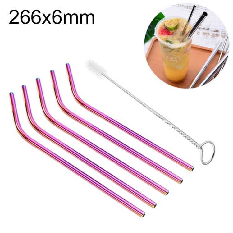 5pcs Reusable Stainless Steel Bent Drinking Straw + Cleaner Brush Set Kit,  266*6mm