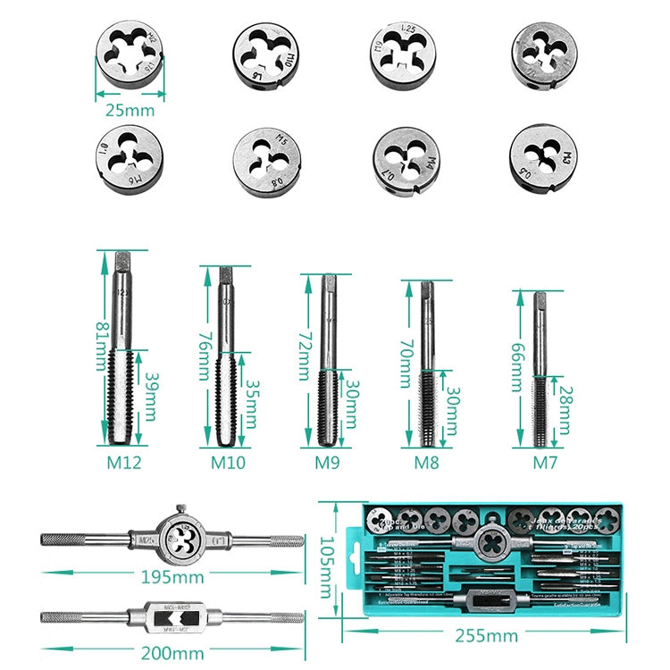 20 PCS Multi-specification Tap and Die Combination Set Hand Metric Wire Tapping Wrench Winch