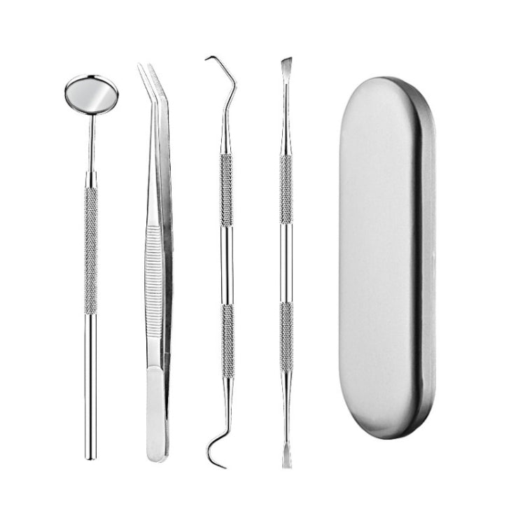 4 in 1 Dental Tool Set (Stainless Steel Probe + Hoe-shaped Dentist + Dental Tweezers + Mouth Mirror)