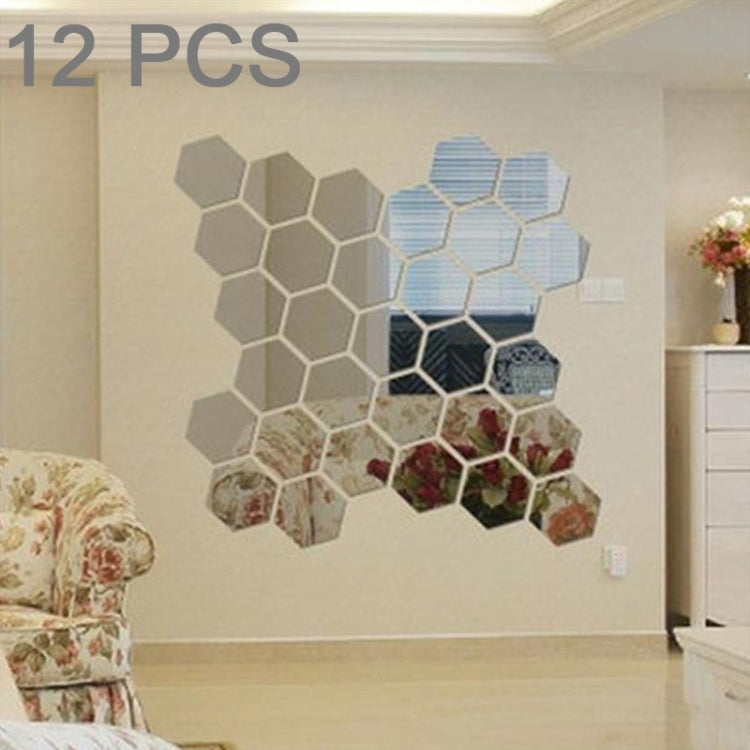 12 PCS 3D Hexagonal Mirror Wall Stickers Set, Size: 4*4cm