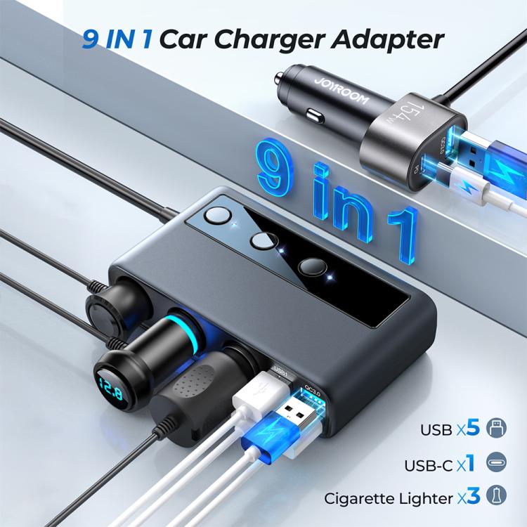 JOYROOM JR-CL06 9 in 1 210W PD USB-C / Type-C + Dual QC3.0 USB + 3 USB + 3 Cigarette Lighter Holes Digital Display Car Charger