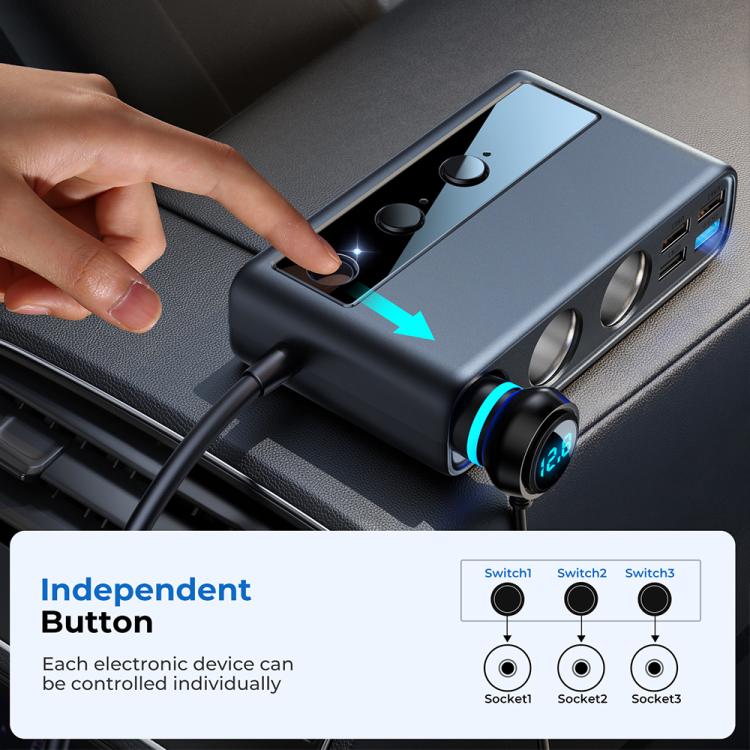 JOYROOM JR-CL06 9 in 1 210W PD USB-C / Type-C + Dual QC3.0 USB + 3 USB + 3 Cigarette Lighter Holes Digital Display Car Charger