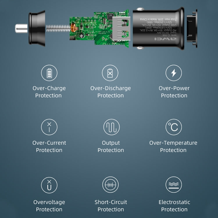 awei C-706 20W PD Type-C + QC 3.0 Type-A Car Charger with CL-110T Data Cable