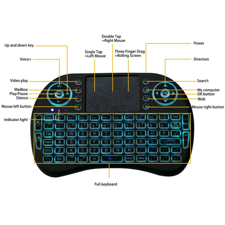 2.4GHz Mini i8 Wireless QWERTY Keyboard with Colorful Backlight & Touchpad & Multimedia Control for PC, Android TV BOX, X-BOX Player, Smartphones
