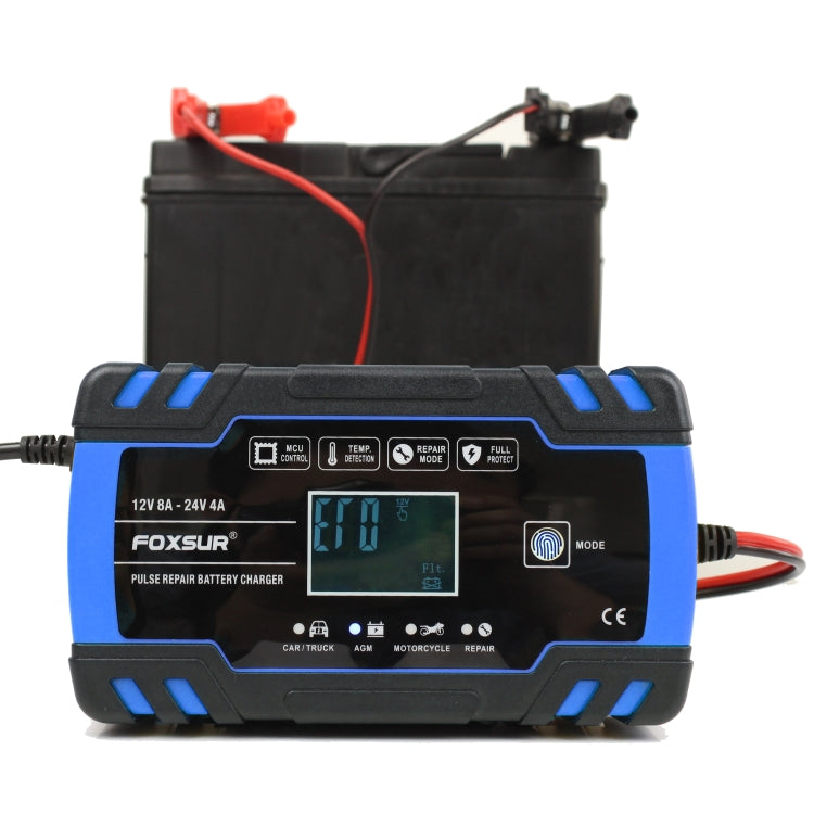 FOXSUR 12V-24V Car Motorcycle Truck Repair Battery Charger AGM Charger, EU Plug (Blue)