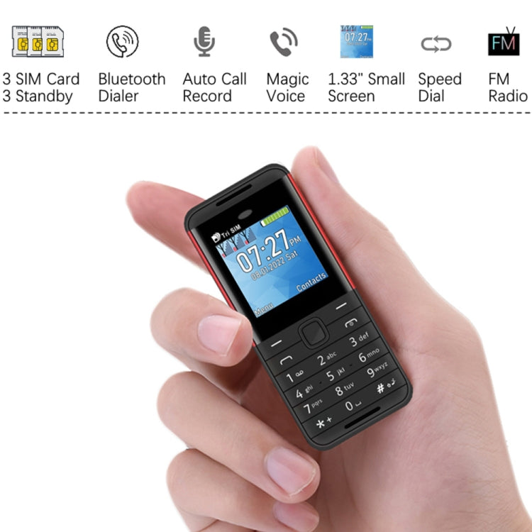 1.33 inch, MTK6261D, 21 Keys, Support Bluetooth, FM, Magic Sound, Auto Call Record, GSM, Triple SIM