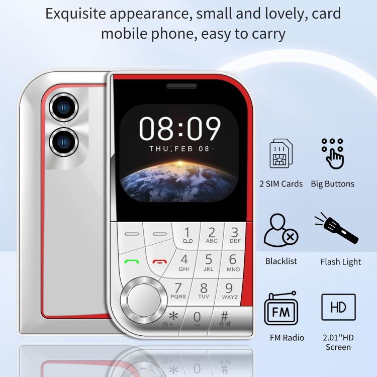 V10 Card Mobile Phone, 2.01 inch, MTK6261D, Support Bluetooth, FM, Torch, GSM, Dual SIM