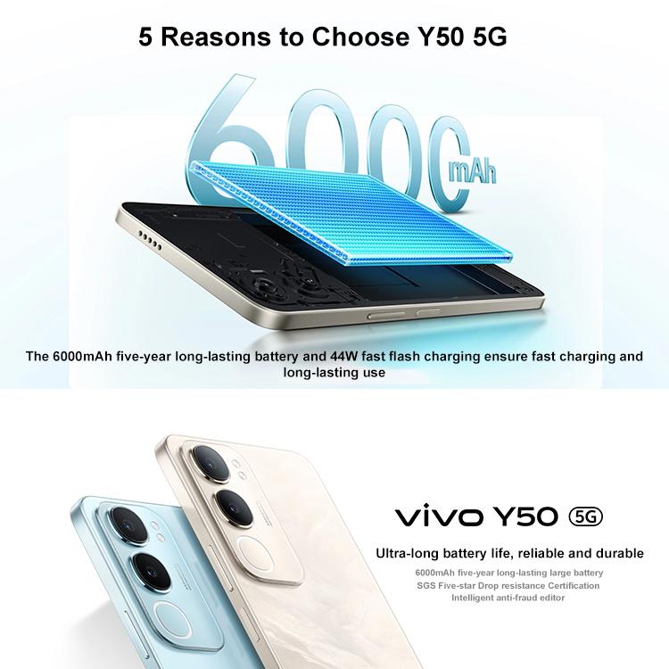 vivo Y50 5G, 6GB+128GB, Face ID / Side Fingerprint, 6.74 inch Android 15 OriginOS 5 Dimensity 6300 Octa Core, OTG, Network: 5G