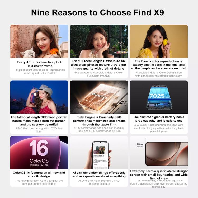 OPPO Find X9 AI Phone, 16GB+1TB, Screen Fingerprint, 6.59 inch ColorOS 16.0 Dimensity 9500 Octa Core, NFC, OTG, Network: 5G