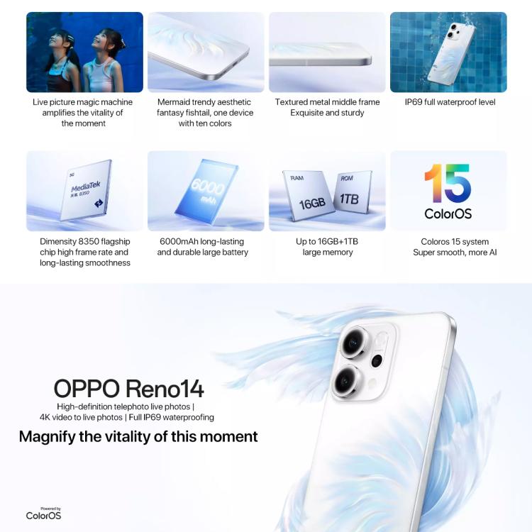 OPPO Reno14 AI Phone, 16GB+1TB, Screen Fingerprint, 6.59 inch ColorOS 15.0 Dimensity 8350 Octa Core, NFC, OTG, Network: 5G