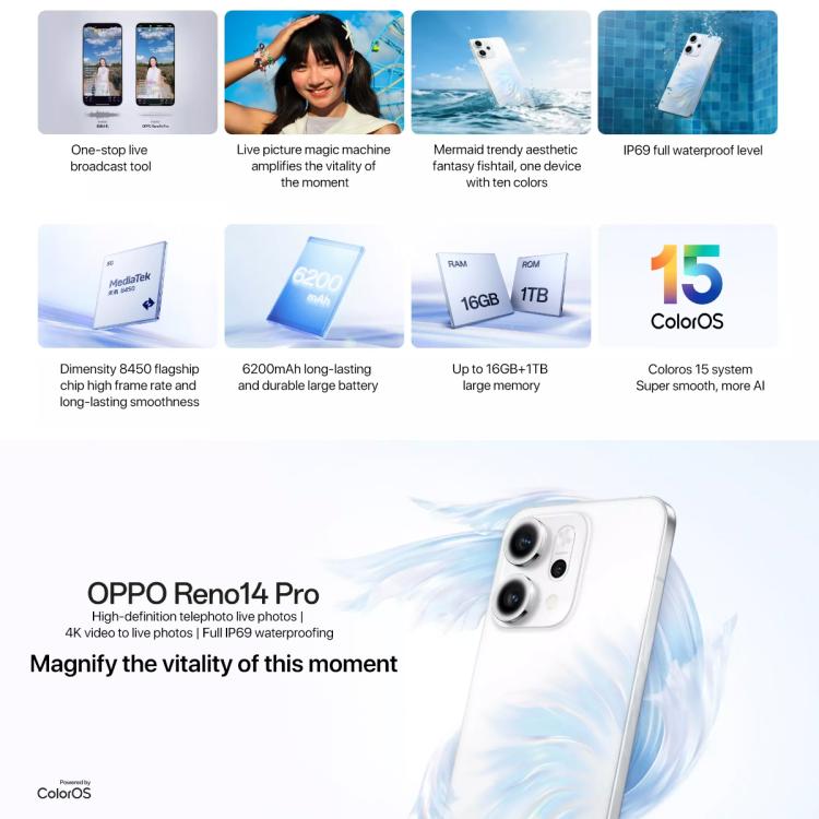 OPPO Reno14 Pro AI Phone, 12GB+512GB, Screen Fingerprint, 6.83 inch ColorOS 15.0 Dimensity 8450 Octa Core, NFC, OTG, Network: 5G