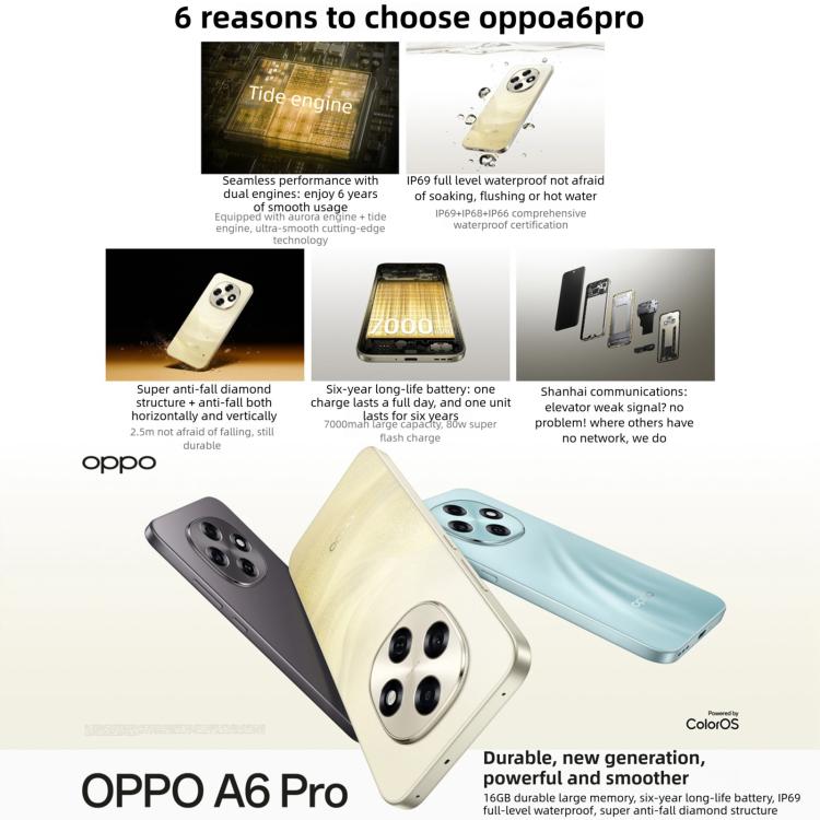 OPPO A6 Pro 5G, 12GB+256GB, Screen Fingerprint, 6.57 inch ColorOS 15 Android 15 Dimensity 7300 Octa Core, NFC, OTG, Network: 5G