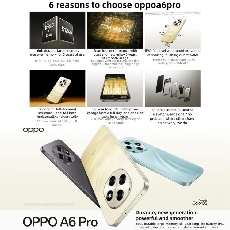 OPPO A6 Pro 5G, 16GB+512GB, Screen Fingerprint, 6.57 inch ColorOS 15 Android 15 Dimensity 7300 Octa Core, NFC, OTG, Network: 5G