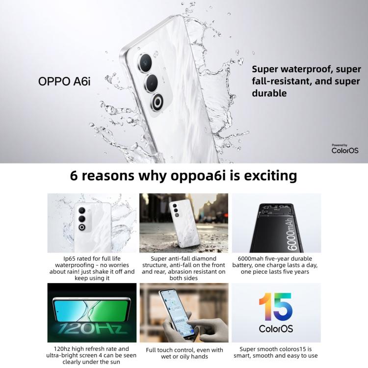 OPPO A6i 5G, 8GB+256GB, Side Fingerprint, 6.67 inch ColorOS 15 Android 15 Dimensity 6300 Octa Core, Network: 5G