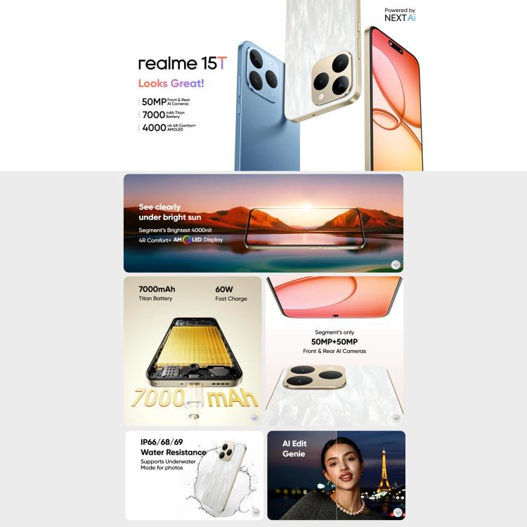 Realme 15T, 8GB+256GB, Screen Fingerprint Identification, 6.57 inch Realme UI 6.0 Android 15 MediaTek Dimensity 6400 Max Octa Core, NFC, Network: 5G