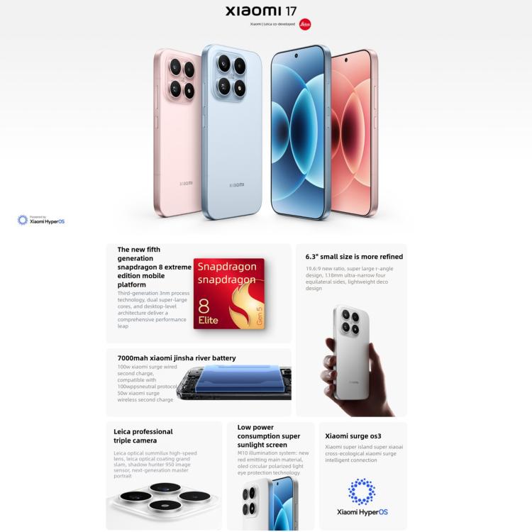 Xiaomi 17, 16GB+512GB, 3D Ultrasonic Fingerprint, 6.3 inch Xiaomi HyperOS 3 Snapdragon 8 Elite Gen 5 Octa Core, NFC, Network: 5G