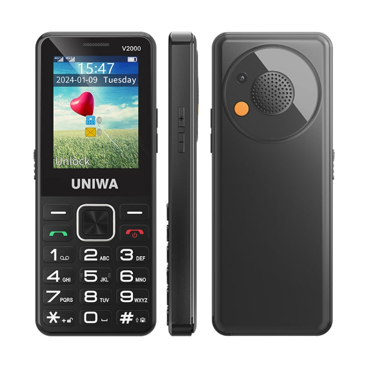 UNIWA V2000 Elder Keypad Phone, 2.4 inch Unisoc T107, 1700mAh Battery, LED Flashlight, SOS, Network: 4G, UK Plug