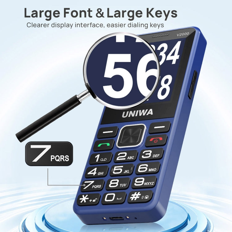 UNIWA V2000 Elder Keypad Phone, 2.4 inch Unisoc T107, 1700mAh Battery, LED Flashlight, SOS, Network: 4G, UK Plug