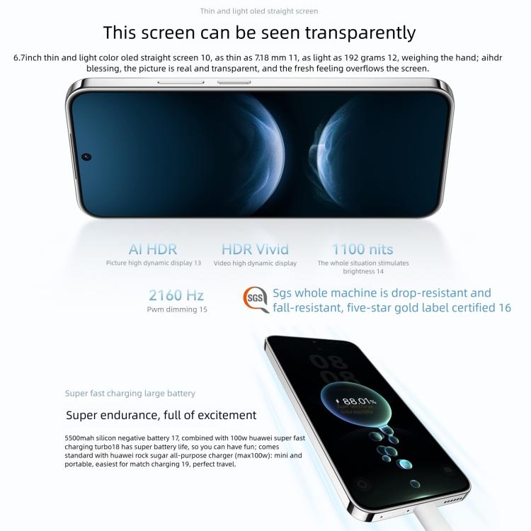 Huawei nova 14 Kunlun Glass, 12GB+512GB, Side Fingerprint Identification, 6.7 inch HarmonyOS 5.0, NFC, OTG, Not Support Google Play