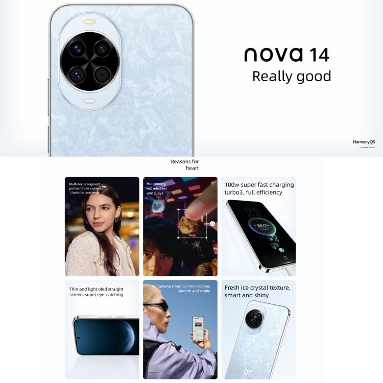 Huawei nova 14 Kunlun Glass, 12GB+512GB, Side Fingerprint Identification, 6.7 inch HarmonyOS 5.0, NFC, OTG, Not Support Google Play