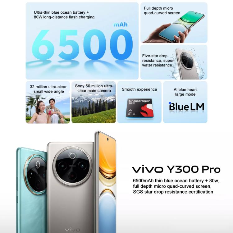vivo Y300 Pro, 8GB+128GB, Face ID / Screen Fingerprint Identification, 6.77 inch Android 14 OriginOS 4 Snapdragon 6 Gen 1 Octa Core, OTG, Network: 5G