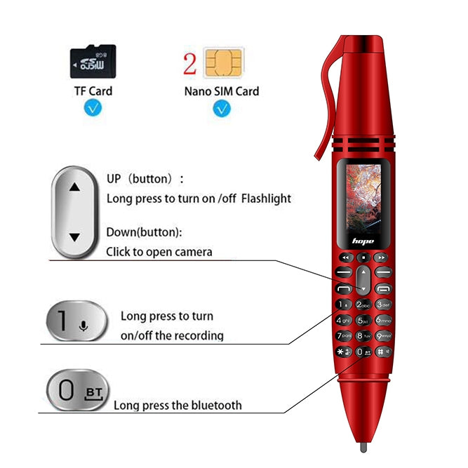 Multifunctional Remote Noise Reduction Back-clip Recording Pen with 0.96 inch Color Screen, Dual SIM Dual Standby, Support Bluetooth, GSM, LED Light, Handwriting