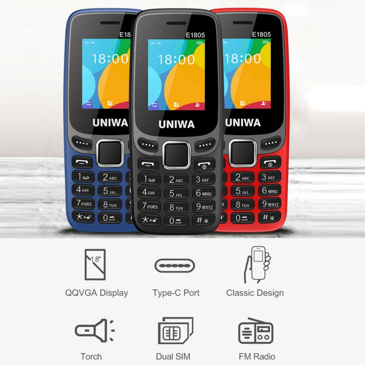 UNIWA E1805, 1.77 inch, SC6531E, 21 Keys, Support Bluetooth, Torch, FM, MP3, MP4, GSM, Dual SIM
