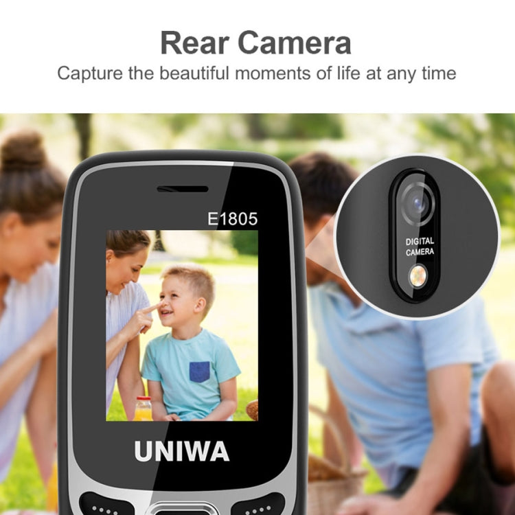 UNIWA E1805, 1.77 inch, SC6531E, 21 Keys, Support Bluetooth, Torch, FM, MP3, MP4, GSM, Dual SIM