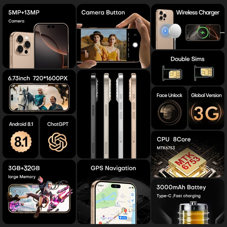 i16 Pro Max / A08, 3GB+32GB, 6.73 inch Screen, Face Identification, Android 8.1 MTK6753 Octa Core, Network: 3G, Dual SIM, UK Plug