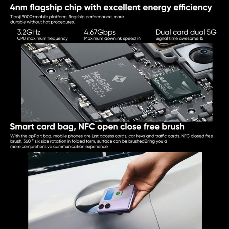 Dual Rear Cameras, Face ID & Side Fingerprint Identification, 6.8 inch + 3.26 inch Screen, ColorOS 13 Dimensity 9000+ Octa Core up to 3.2GHz, Support Google Play