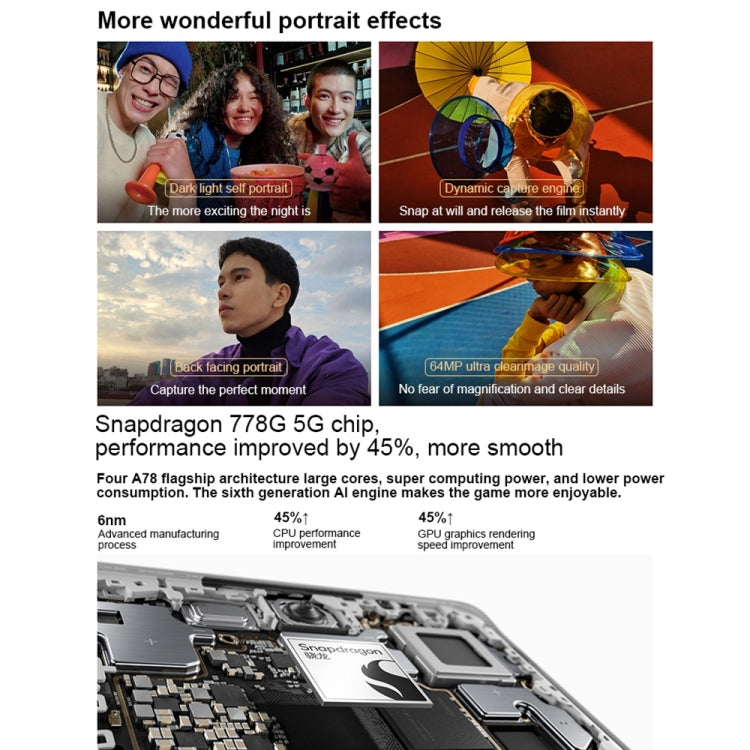 Dual Back Cameras, 6.7 inch ColorOS 13 / Android 13 Qualcomm Snapdragon 778G 5G Octa Core up to 2.4Ghz, Network: 5G, Support Google Play