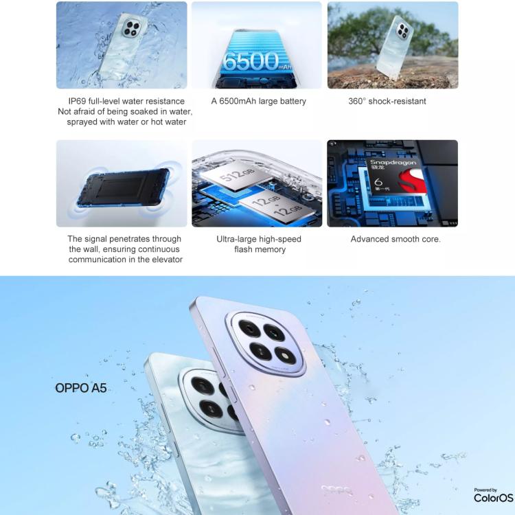 OPPO A5 5G, 12GB+512GB, Screen Fingerprint,  6.7 inch ColorOS 15.0 Qualcomm Snapdragon 6 Gen 1 Octa Core, OTG, NFC, Network: 5G