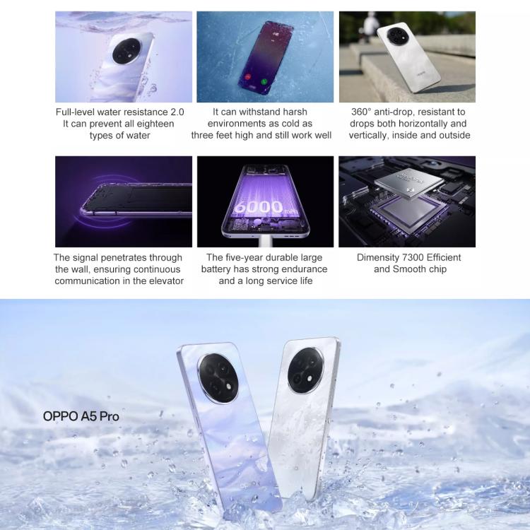 OPPO A5 Pro, 12GB+256GB, Screen Fingerprint,  6.7 inch ColorOS 15.0 MediaTek Dimensity 7300 Octa Core, OTG, NFC, Network: 5G