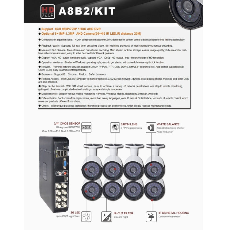 A8B2 8Ch Bullet IP Camera NVR Kit, Support Night Vision / Motion Detection, IR Distance: 20m