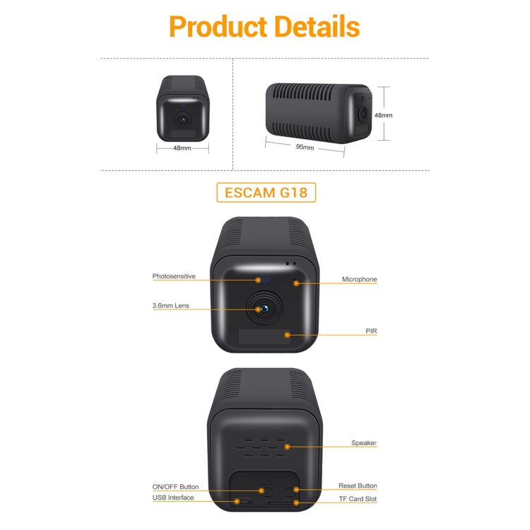 ESCAM G18 1080P Full HD Rechargeable Battery WiFi IP Camera, Support Night Vision / PIR Motion Detection / TF Card / Two Way Audio