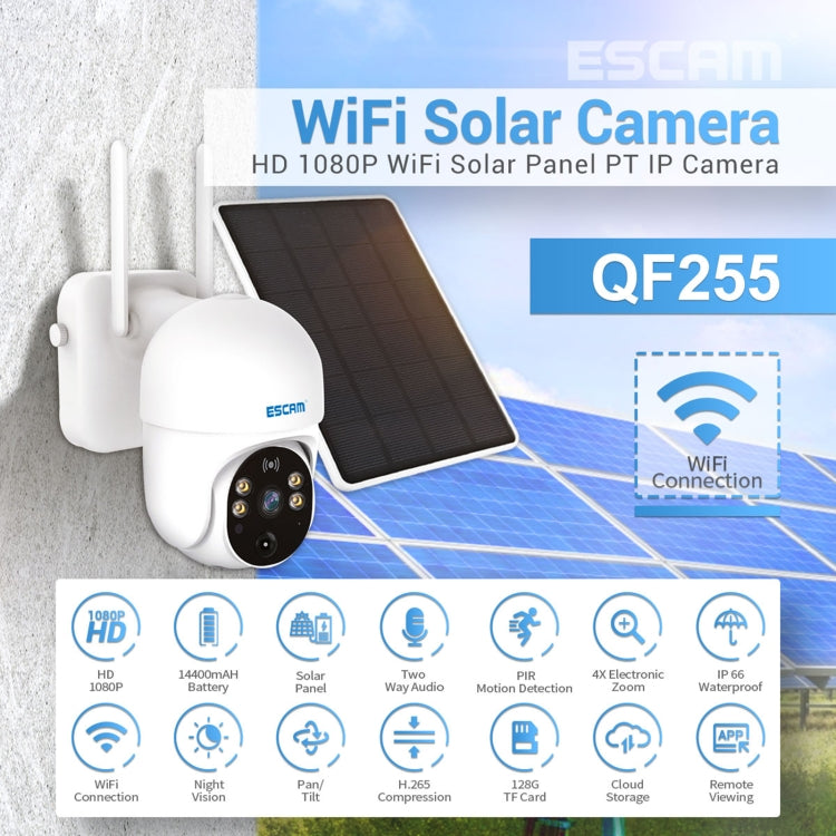 ESCAM QF255 2.0 Million Pixels 1080P HD WiFi Solar Camera, Support Two-way Voice & PIR Motion Detection & Night Vision & TF Card