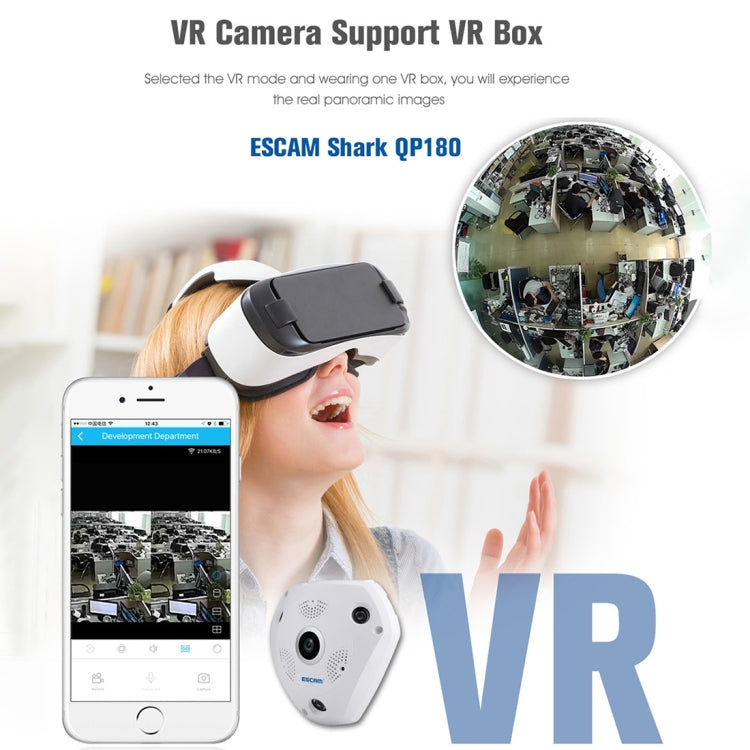 ESCAM Shark QP180 960P 360 Degrees Fisheye Lens 1.3MP WiFi IP Camera, Support Motion Detection / Night Vision, IR Distance: 10m