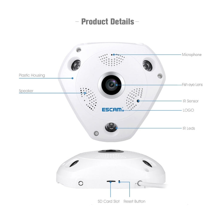 ESCAM Shark QP180 960P 360 Degrees Fisheye Lens 1.3MP WiFi IP Camera, Support Motion Detection / Night Vision, IR Distance: 10m