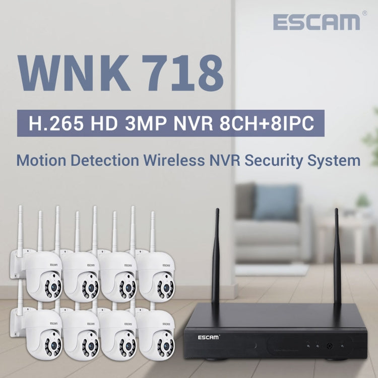 ESCAM WNK718 HD 3.0 Million Pixels 8-channel Wireless + 8IPC Wireless NVR Security System, UK Plug