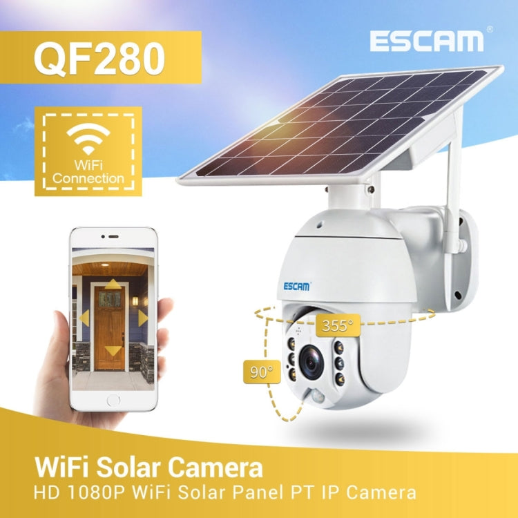 ESCAM QF280 HD 1080P IP66 Waterproof WiFi Solar Panel PT IP Camera with Battery, Support Night Vision / Motion Detection / TF Card / Two Way Audio