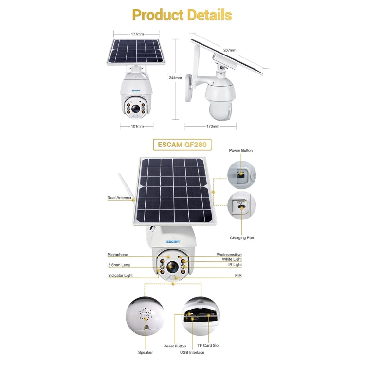 ESCAM QF280 HD 1080P IP66 Waterproof WiFi Solar Panel PT IP Camera with Battery, Support Night Vision / Motion Detection / TF Card / Two Way Audio