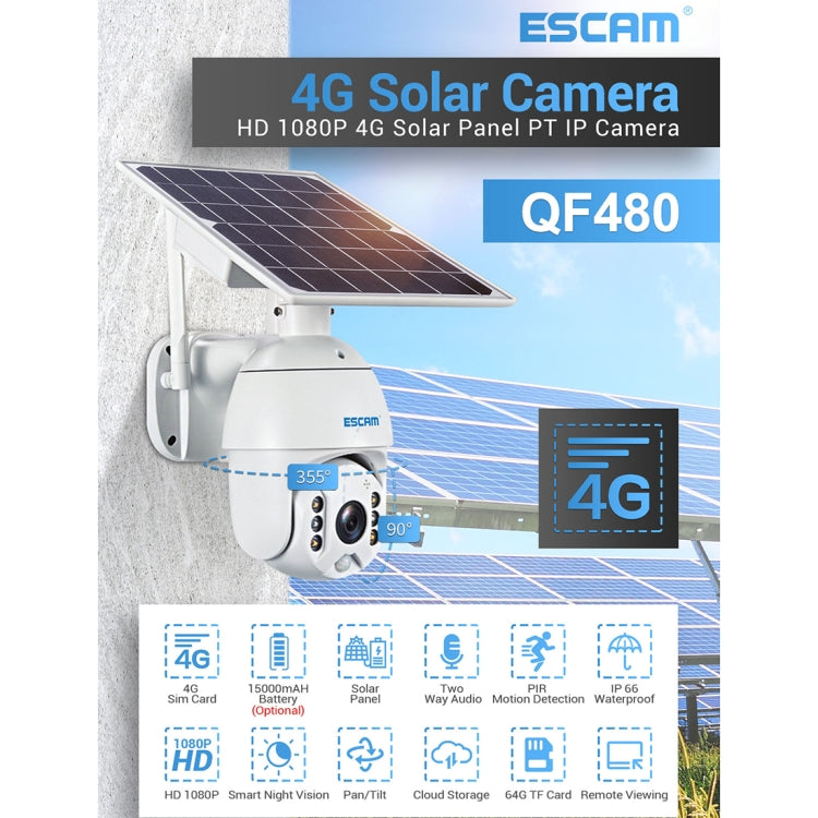 ESCAM QF480 US Version HD 1080P IP66 Waterproof 4G Solar Panel PT IP Camera without Battery, Support Night Vision / Motion Detection / TF Card / Two Way Audio