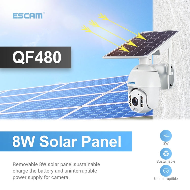 ESCAM QF480 US Version HD 1080P IP66 Waterproof 4G Solar Panel PT IP Camera with Battery, Support Night Vision / Motion Detection / TF Card / Two Way Audio