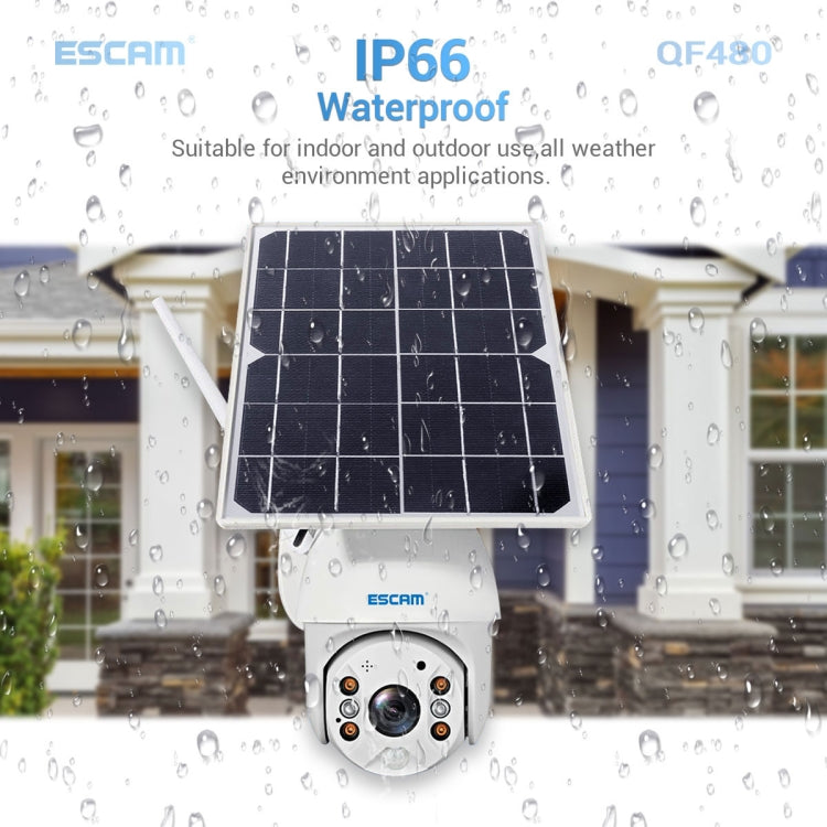 ESCAM QF480 EU Version HD 1080P IP66 Waterproof 4G Solar Panel PT IP Camera with Battery, Support Night Vision / Motion Detection / TF Card / Two Way Audio